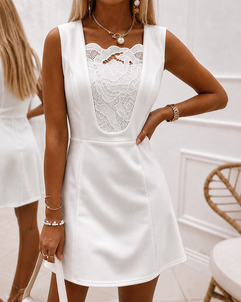 Women's Sleeveless Lace Patchwork Mini Dress Elegant French Square Neck High Waisted A-Line Cocktail Dress