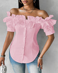 Ruffles Off Shoulder Short Sleeve Button Front Blouse Asymmetrical Hem Top