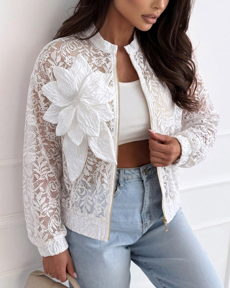 Women's Sheer Lace Bomber Jacket Lightweight Mesh See Through Crop Coat with Detachable 3D Floral
