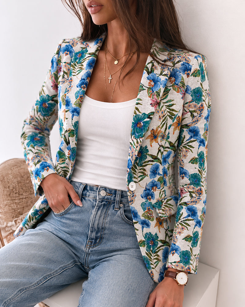Women's Vintage Floral Jacquard Blazer Elegant Single Breasted Lapel Collar Coat