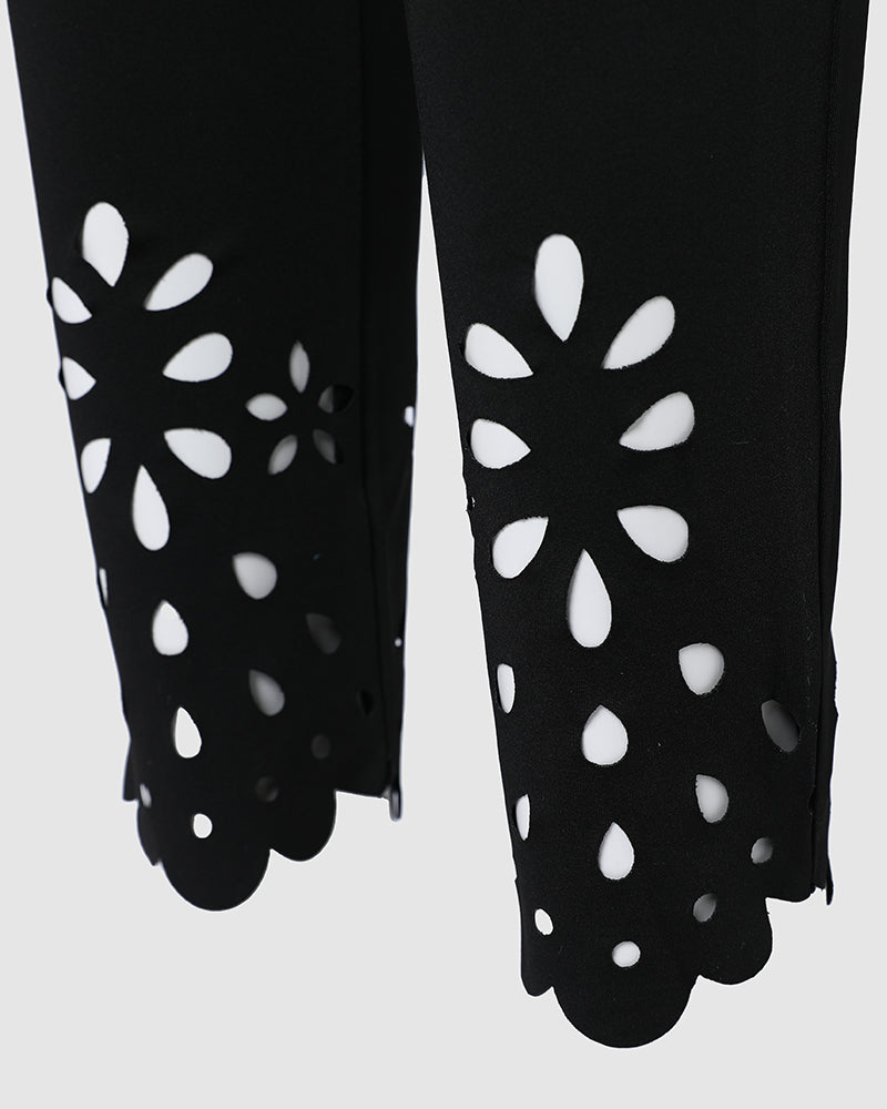 Floral Hollow Out Asymmetrical Hem Elastic Waist Skinny Pants