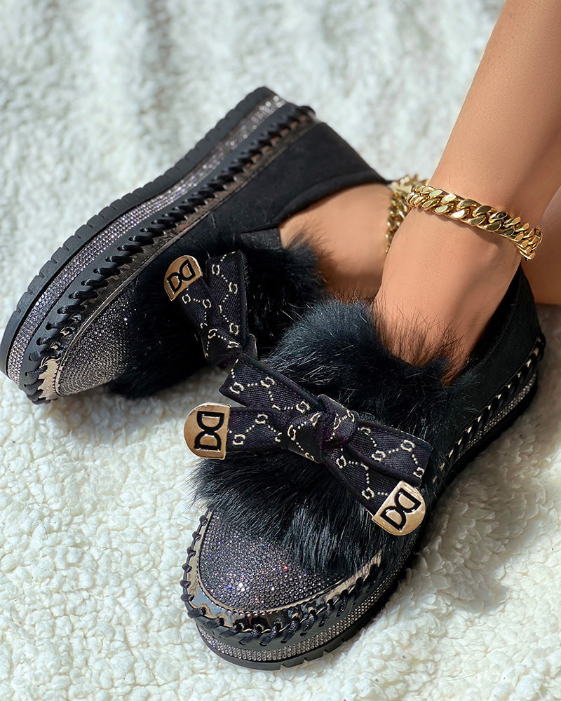 Rhinestone Bowknot Design Platform Fuzzy Slip-On Loafers
