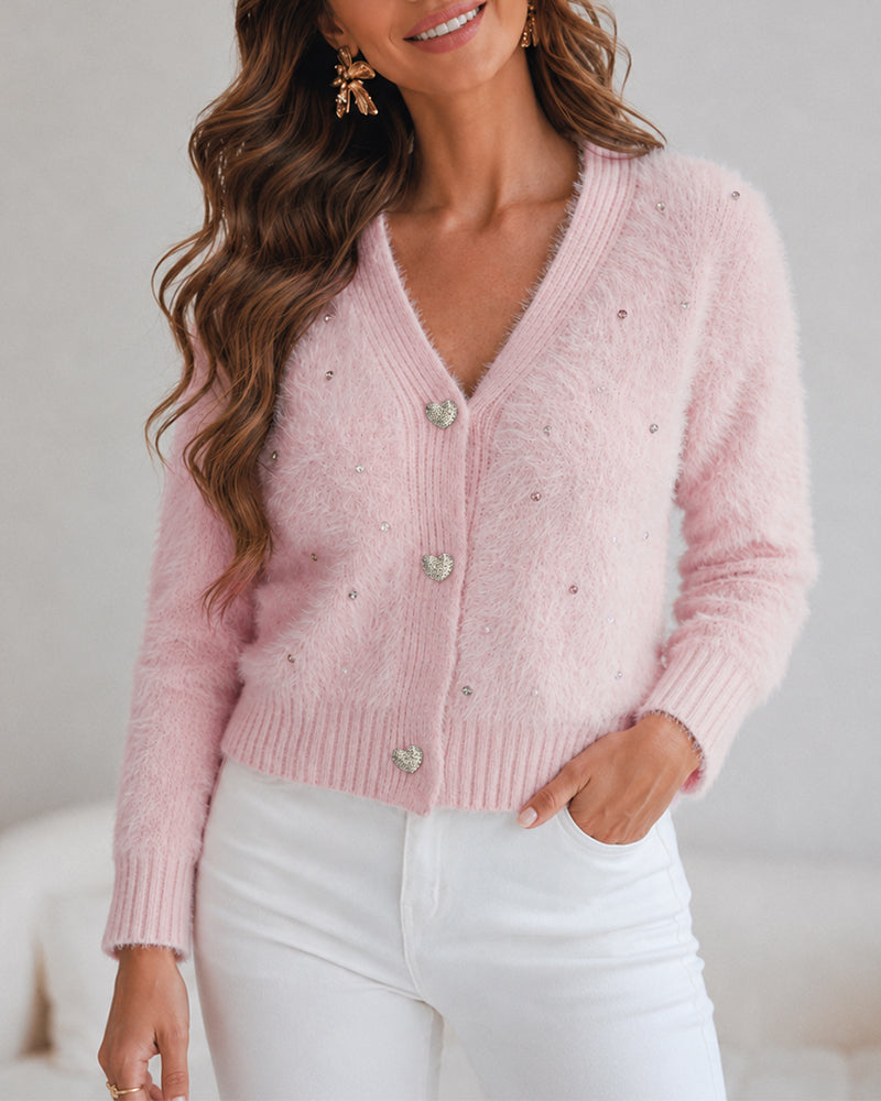 Women's Faux Mink Fur Knit Cardigan Elegant Pearl Rhinestone V Neck Sweater Crop Single Breasted Coat
