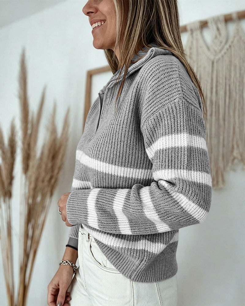 Women's Half Zip Striped Sweater Colorblock Turn-down Collar Knit Pullover Drop Shoulder Loose Fit Top
