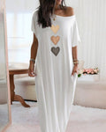 Heart Print Skew Neck Short Sleeve Maxi Dress Casual Pockets Design Loose Fit Loungewear Dress