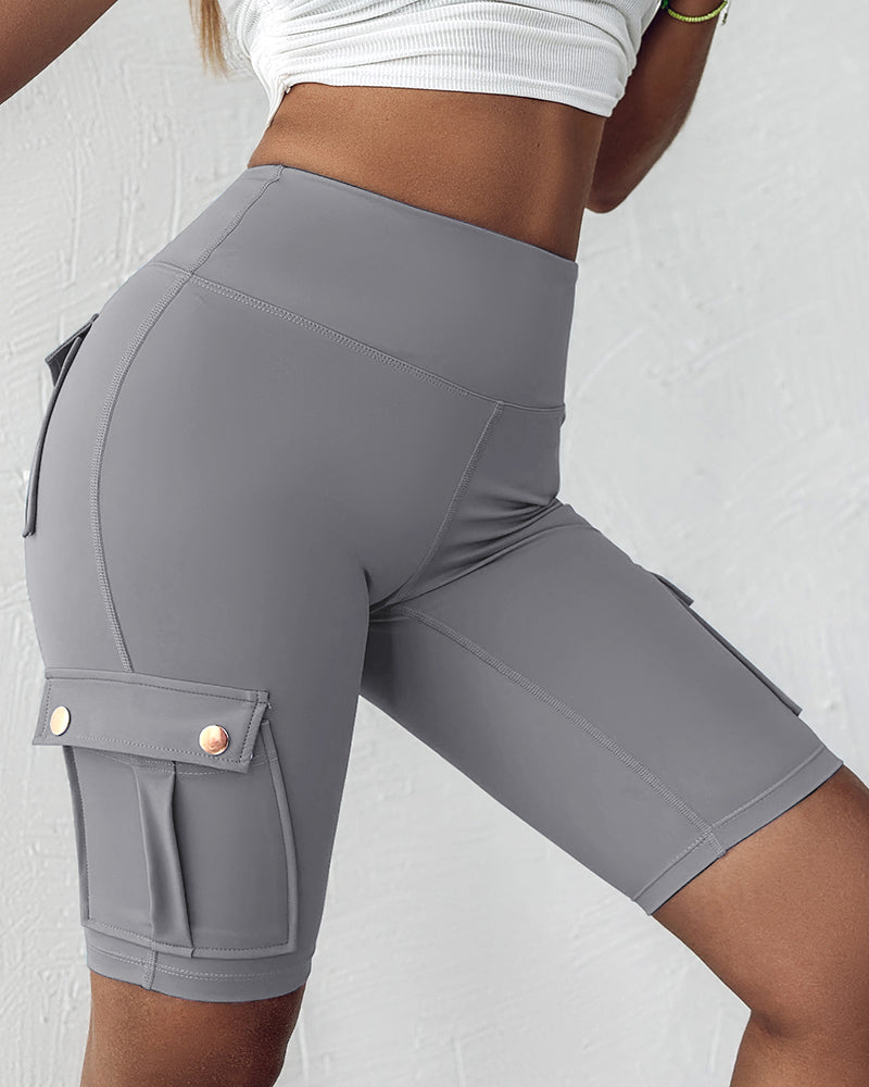 Tummy Control Butt Lifting Active Shorts High Waist Flap Pocket Workout Bermuda Cargo Running Shorts