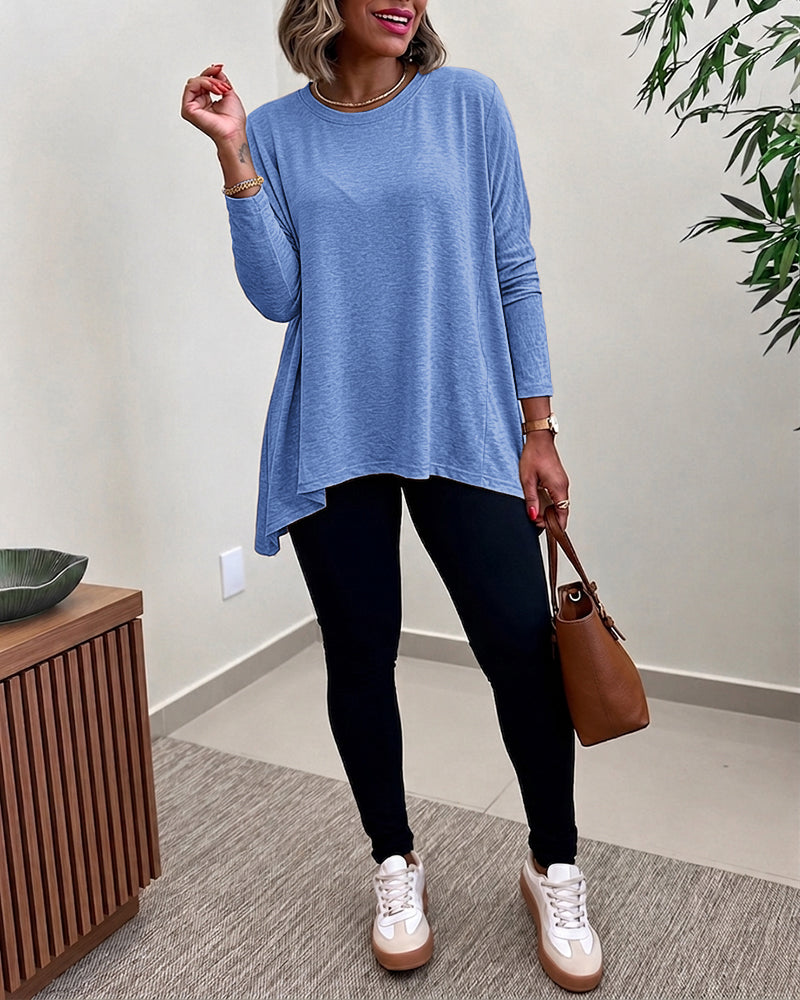 Women's Asymmetric Hem Long Sleeve Top Loose Fit Dropped Shoulder Crewneck Soft Slouchy Casual Tee