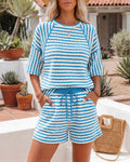 Women's Striped Textured 2 Piece Set Crewneck Raglan Half Sleeve Top and Elastic Drawstring Shorts Casual Loungewear
