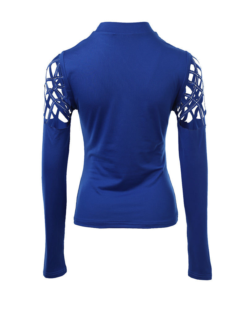 Rhinestone Hollow Out Cold Shoulder Long Sleeve Top Casual Tee