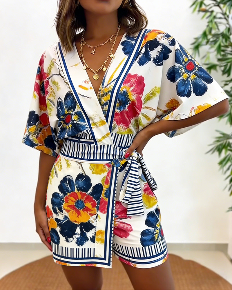 Women's Oil Painting Floral Print Romper V Neck Wrap Knot Side Jumpsuit Half Sleeve Beach Vacation Summer Skorts Romper