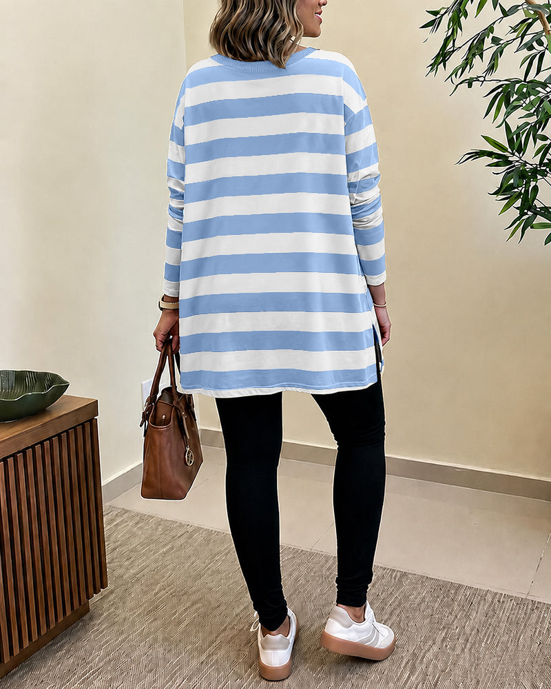 Women's Striped T Shirt Long Sleeve Drop Shoulder Crewneck Tee Side Slit Casual Loose Fit Top