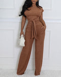 Women's Ribbed 2 Piece Outfits Tied Waist Crop Top and Straight Leg Pants Set Casual Matching Set with Pockets