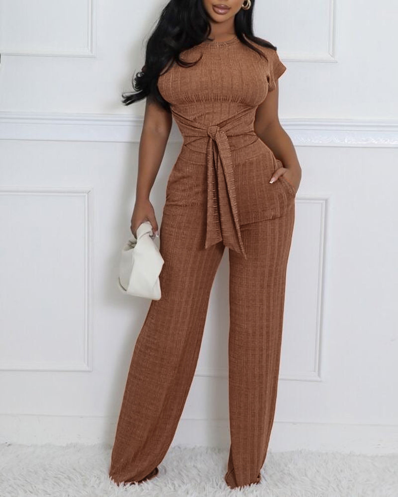 Women's Ribbed 2 Piece Outfits Tied Waist Crop Top and Straight Leg Pants Set Casual Matching Set with Pockets