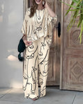 Women's Abstract Face Print Two Piece Outfits Boat Neck Batwing Sleeve Top and High Waisted Wide Leg Pants Set with Pockets