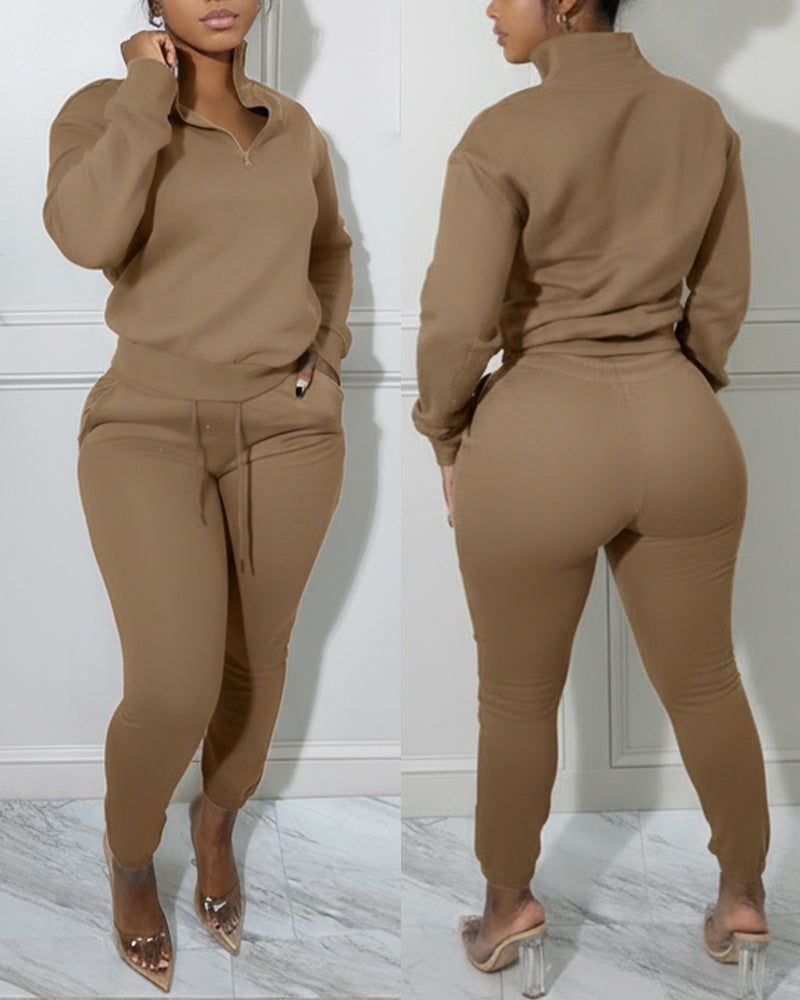2 Pieces Outfit High Neck Half Zip Drop Shoulder Top and Drawstring Elastic Waist Slim Fit Jogger Pants Set Casual Tracksuit