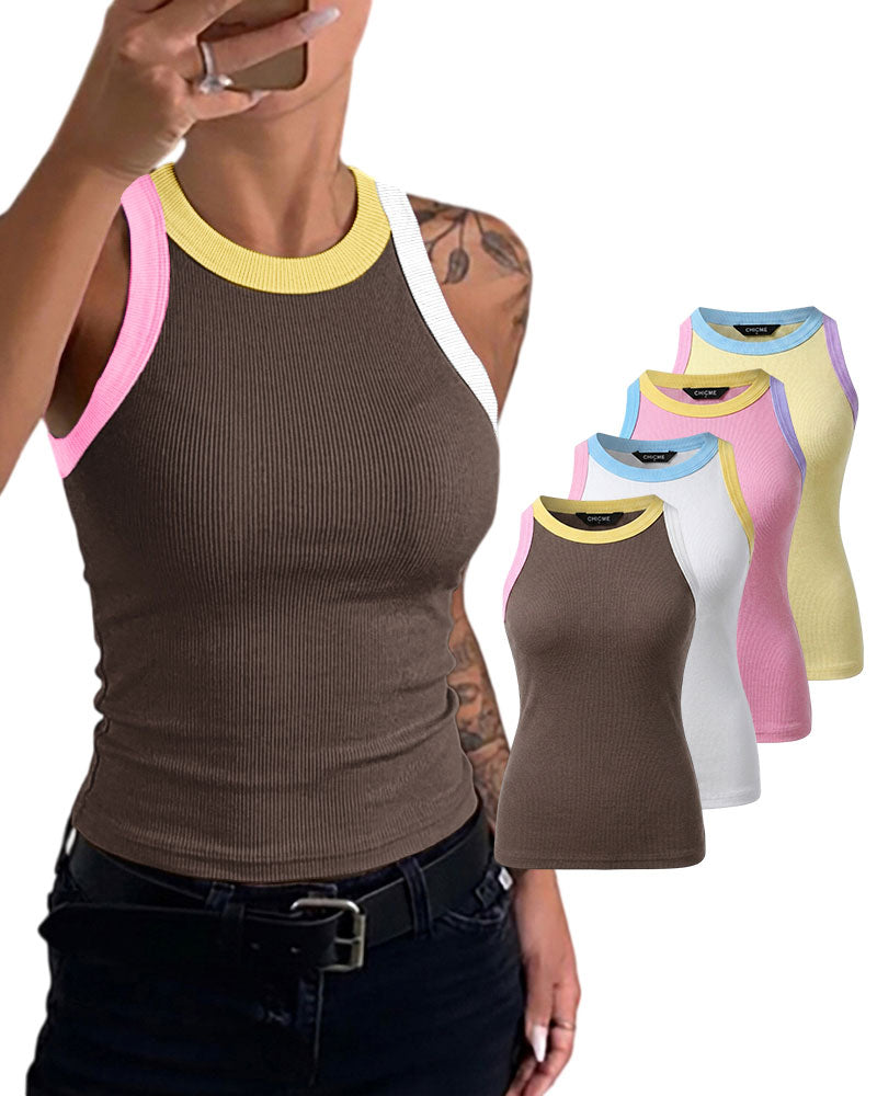 Women's Contrast Trim Ribbed Tank Top Slim Fit Sleeveless Round Neck Basic Camisole for Streetwear & Layering