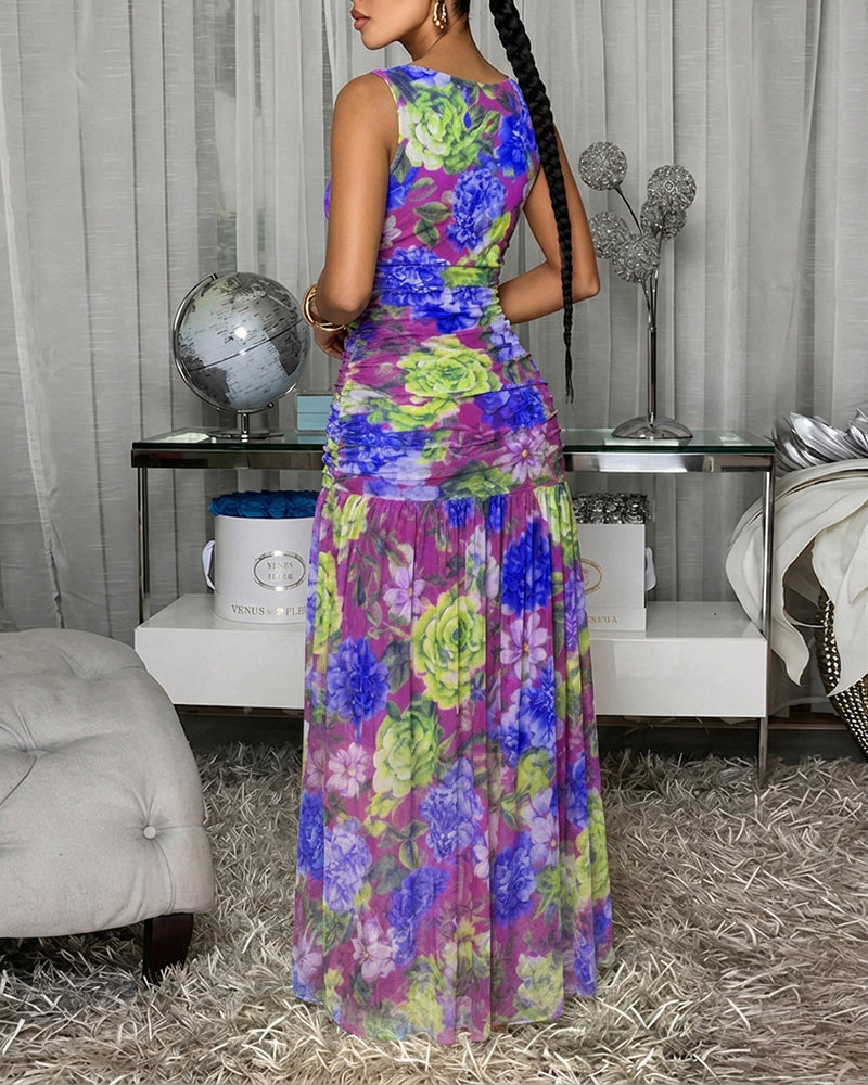 Women's Floral Print Ruched Mesh Sleeveless Maxi Dress Elegant Vacation Dress