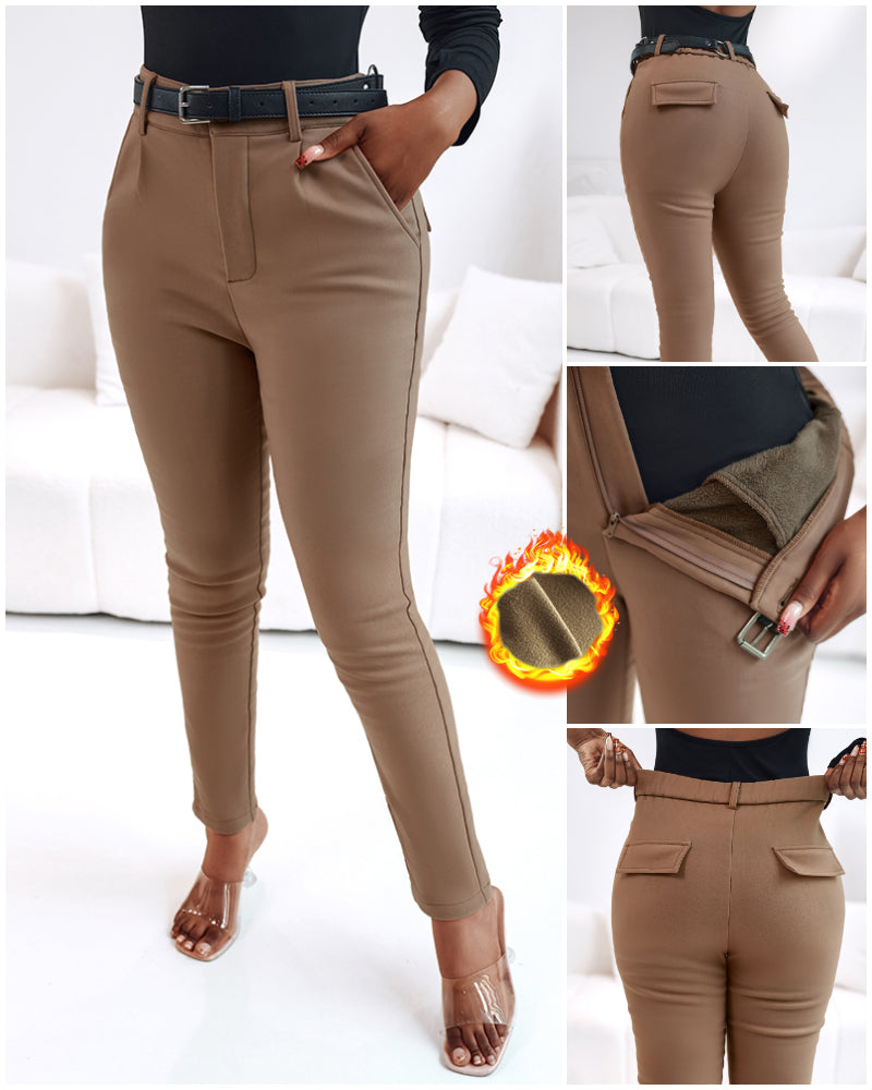 Elastic Waist Padded Stretch Slim Fit Calf Pants with Pocket