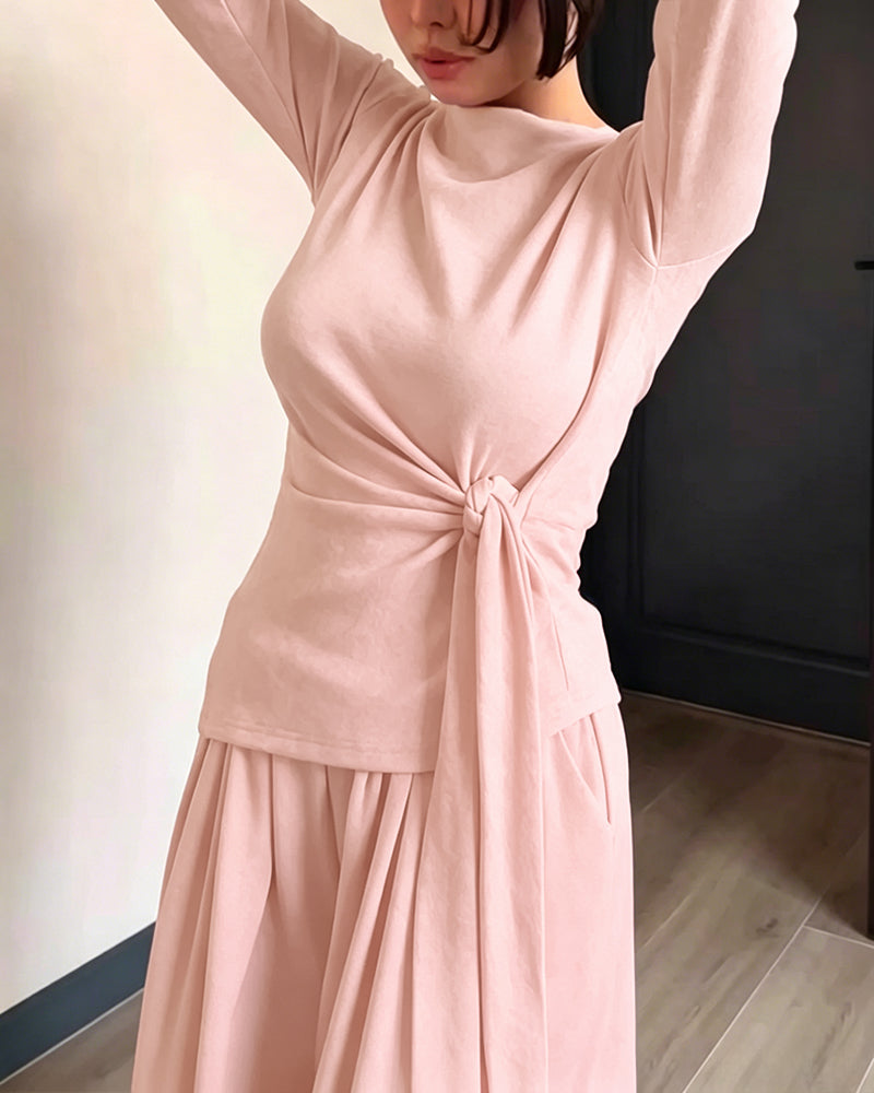 CHICME ESSENCE Women's 2 Piece Knit Lounge Set Long Sleeve Tie Waist Top and High Waisted Wide Leg Pants Casual Soft Sweatsuit with Pockets
