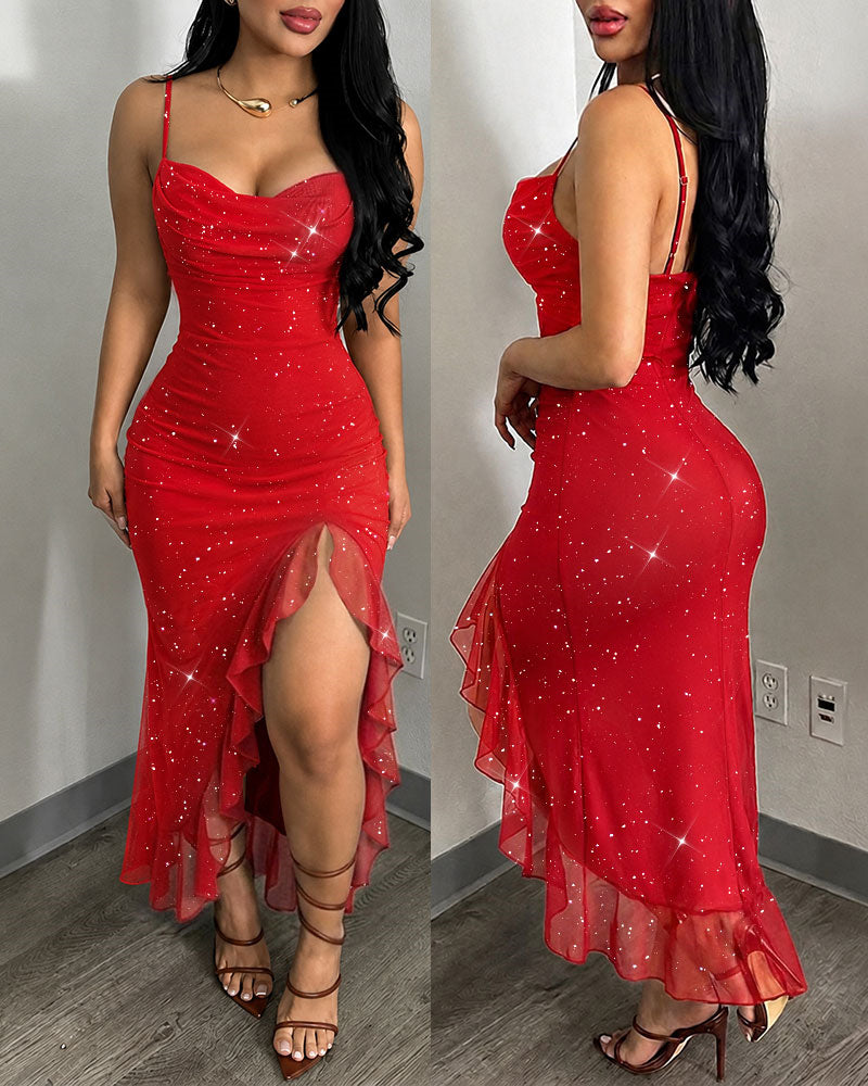 Women's Glitter Mesh Cami Dress Cowl Neck Slit Mermaid Dress Backless Ruffle Hem Party Dress with Built-In Bra