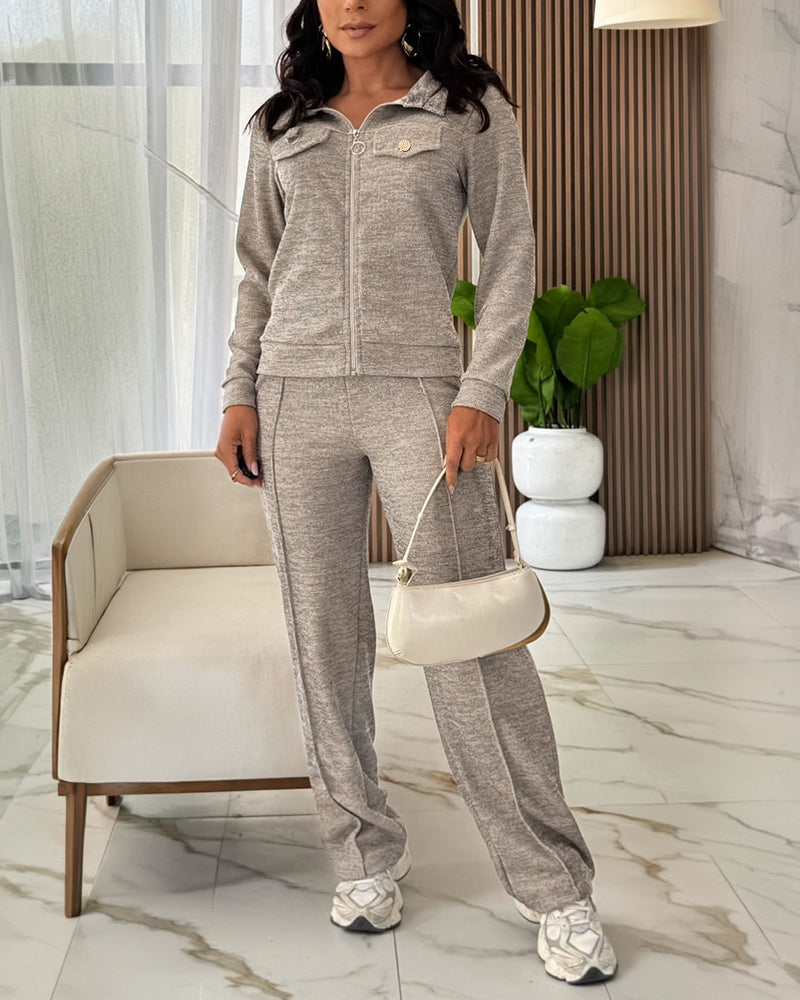 Women's Casual Tracksuit Set Zip Up Long Sleeve Lapel Jacket and High Waisted Straight Leg Pants Lounge Set with Pockets