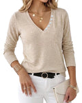 CHICME ESSENCE Women’s V-Neck Knit Top Long Sleeve Slim Fit Tee Button Decor Chest Pocket Casual Soft Pullover Shirt