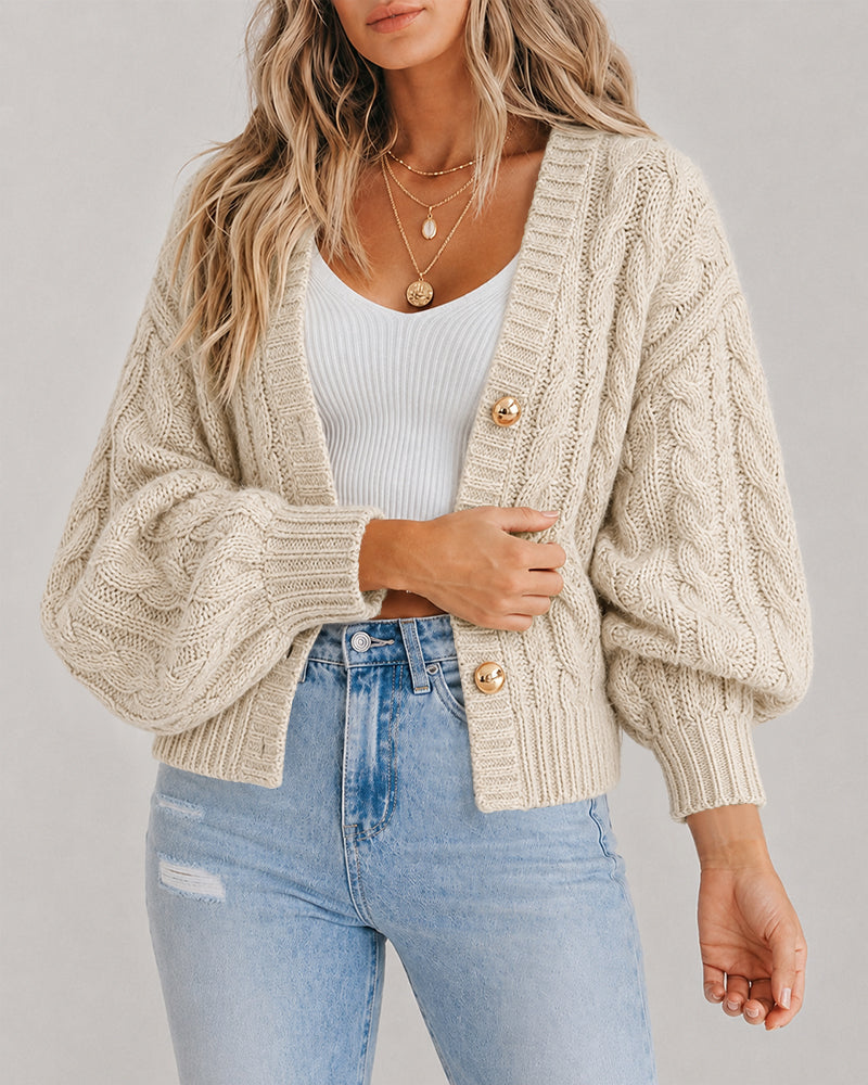 Women's Cable Knit Cardigan V Neck Button Down Chunky Knit Sweater Loose Lantern Sleeve Warm Outerwear
