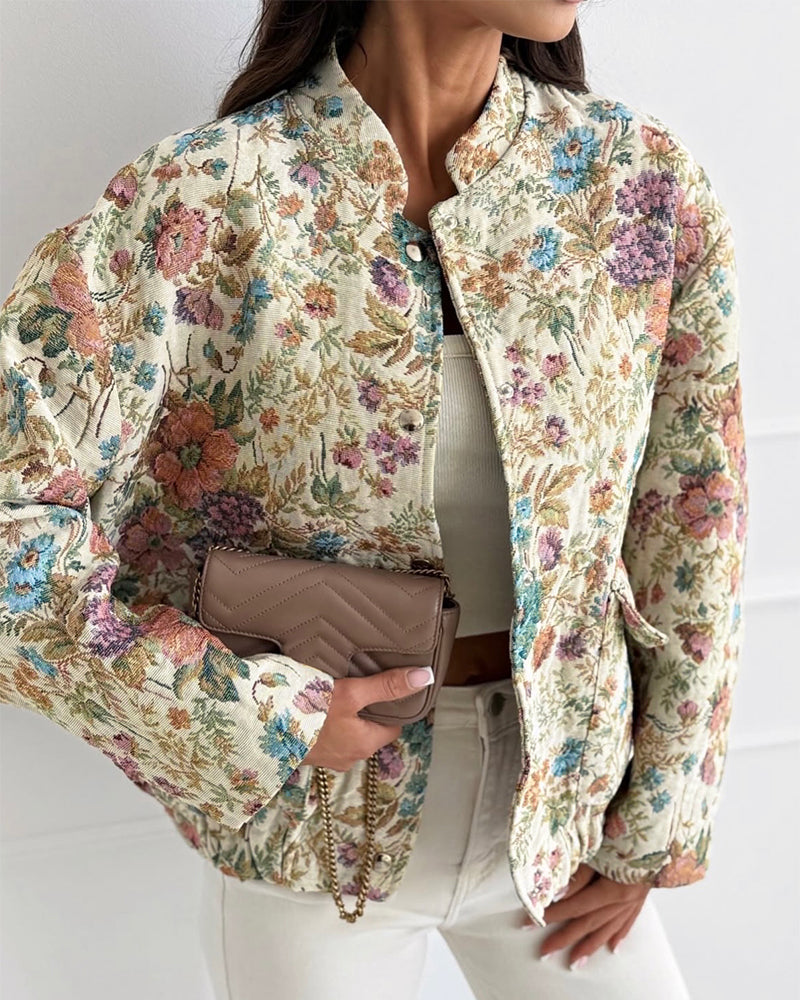 Women's Vintage Floral Jacquard Jacket Elegant Stand Collar Snap Button Loose Fit Coat