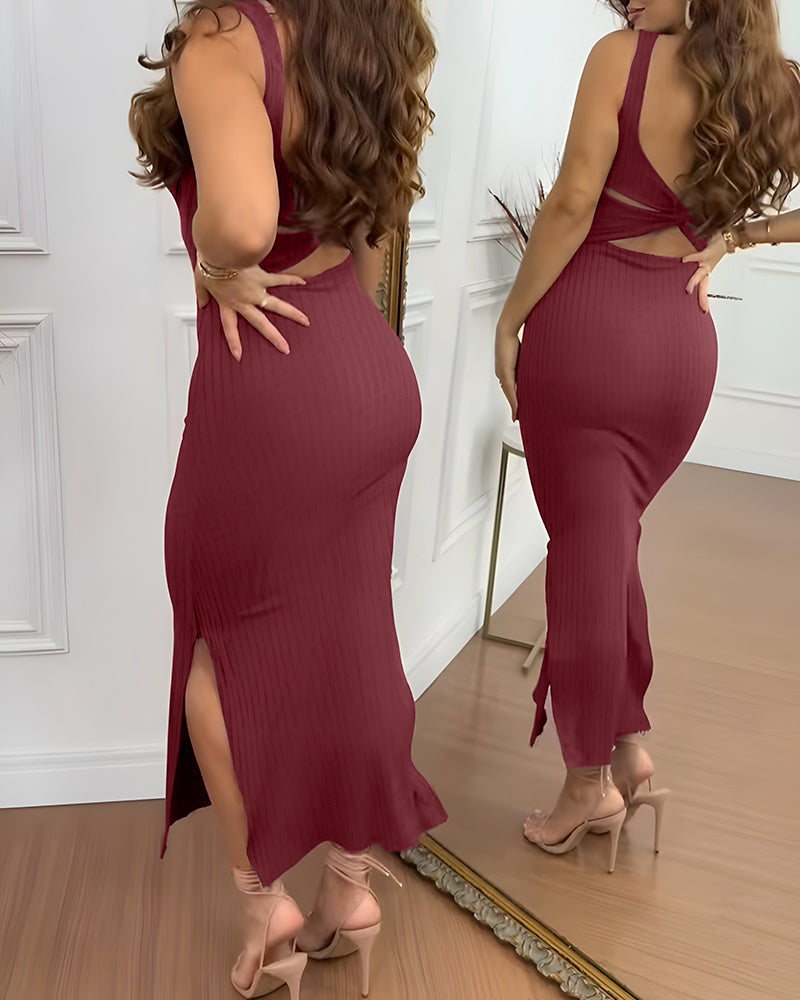 U-Neck Sleeveless Backless Twist Back Side Slit Knit Dress Slim Fit Versatile Ribbed Maxi Tank Dress