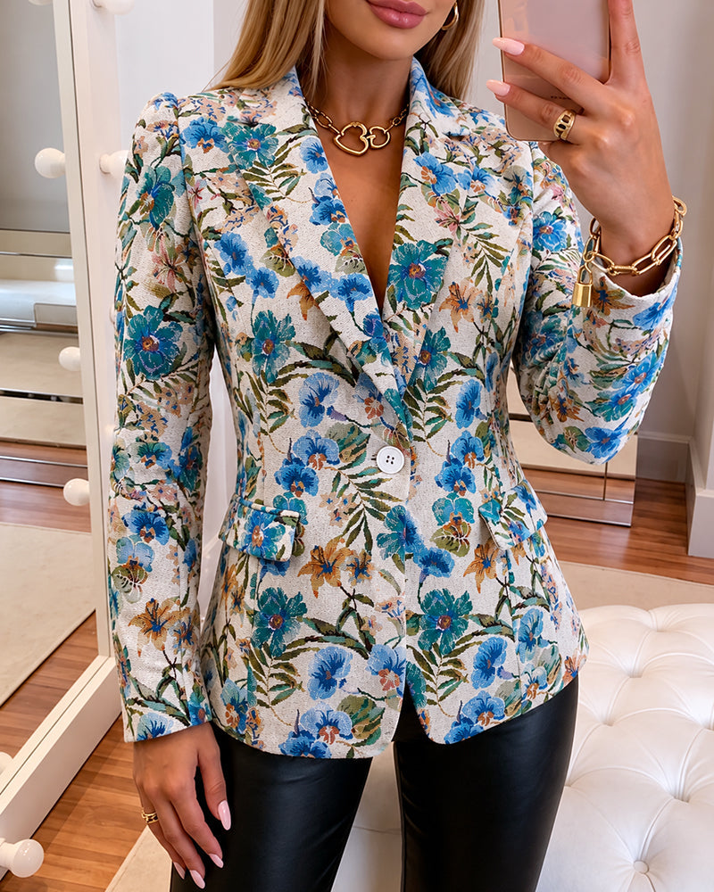 Women's Vintage Floral Jacquard Blazer Elegant Single Breasted Lapel Collar Coat