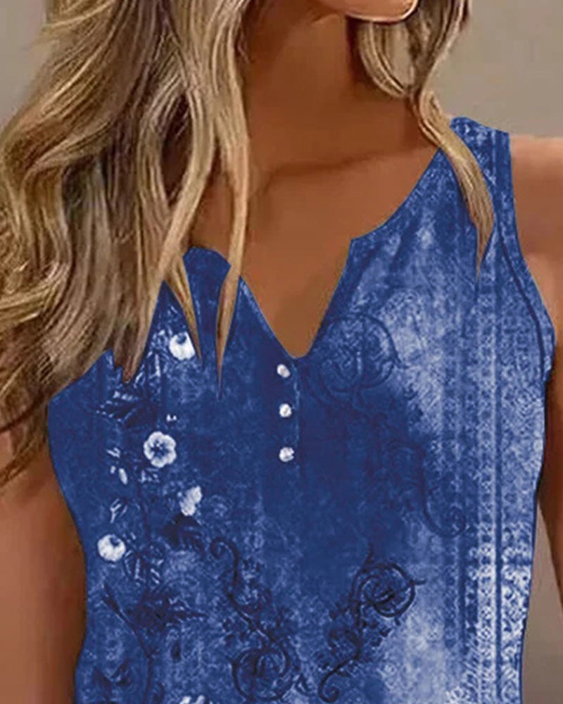 CHICME Women's Casual Floral Print Tank Top Sleeveless Notch Neck Vest with Rhinestone Accents