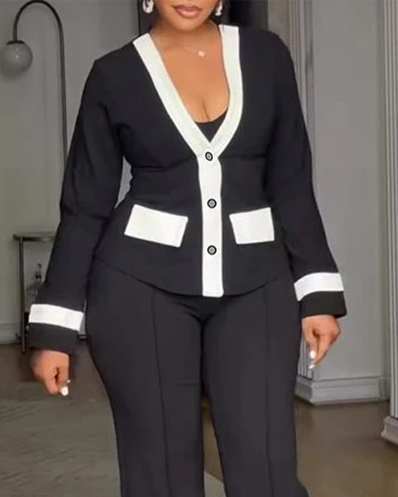 Women's Contrast Binding Coat Casual Slim Fit V Neck Jacket Button Front Office Business Workwear