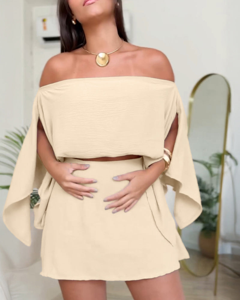 3 Pieces Outfit Solid Off Shoulder Split Sleeve Convertible Crop Top and Casual Elastic Waist Skorts Set With Bandeau(Without Belt)