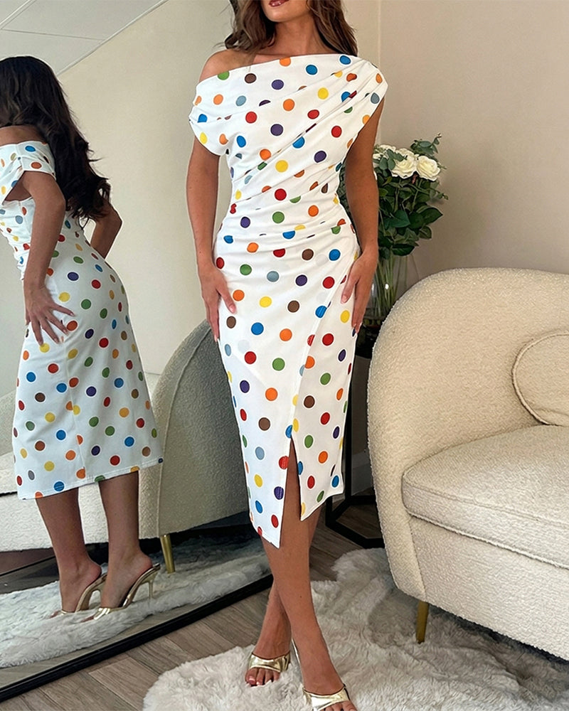 Women's Skew Neck Midi Dress Colorful Polka Dot Ruched Bodycon Dress Elegant Slit French Style Wrap Vacation Dress