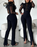 Elegant Mesh See Through Long Sleeve Jumpsuits Contrast Lace Sequin Patch Casual Overalls