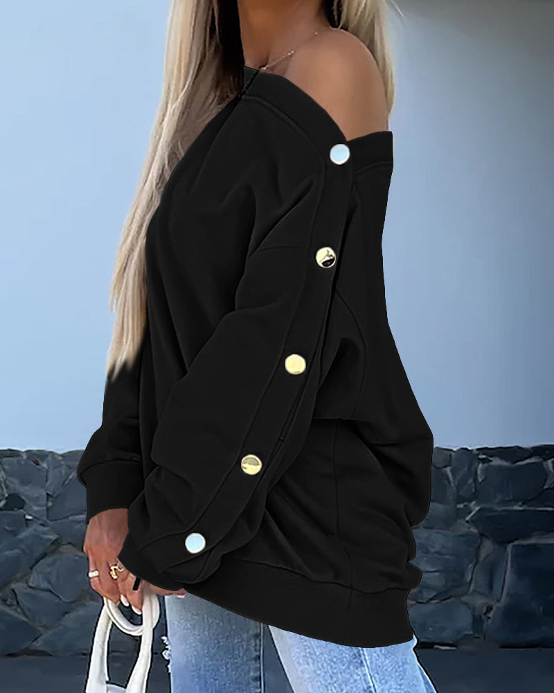 Skew Neck Buttoned Sweatshirt Casual Long Sleeve Pullover Tops Outfits