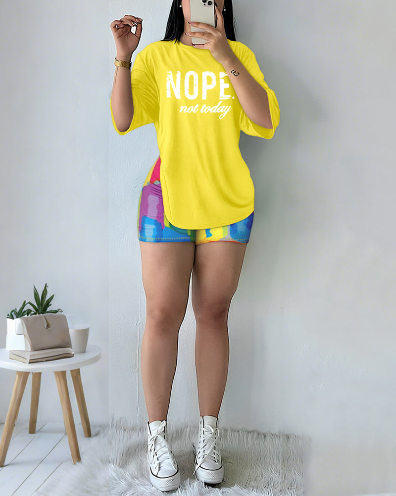 Women's 2 Piece Set Nope Not Today Slogan Half Sleeve Tee and Tie Dye Slim Fit Biker Shorts Set