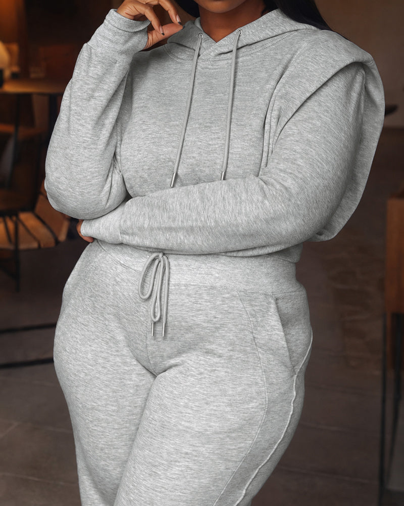 2 Pieces Outfit Long Sleeve Crop Drawstring Hoodie Sweatshirt With Thumb Hole Cuffs And Casual Drawstring Elastic Waist Wide Leg Sweatpants Set