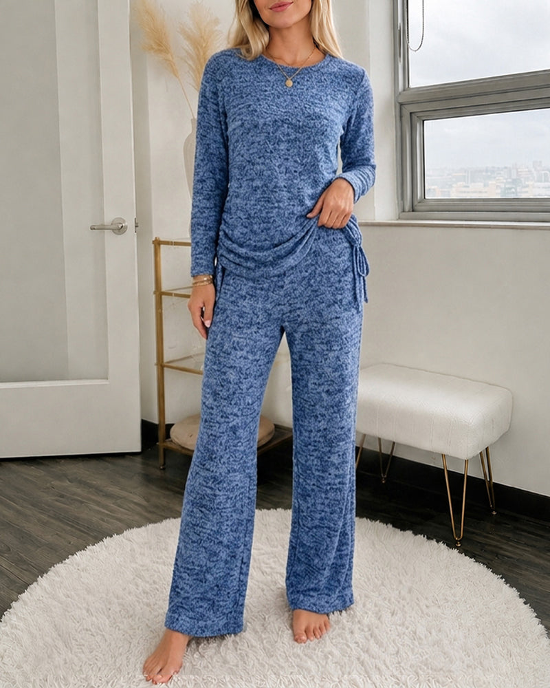Women's 2 Piece Knit Outfits Crewneck Side Drawstring Long Sleeve Top and Wide Leg Pants Casual Loungewear