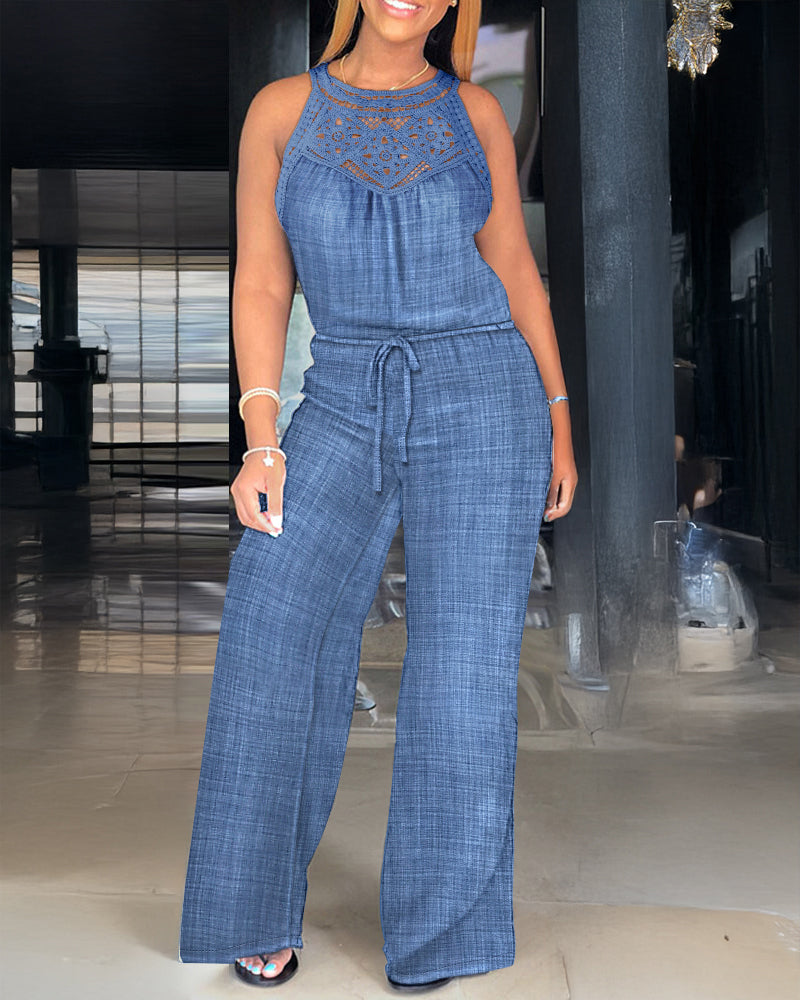 Women's Halter Jumpsuit Lace Trim Backless Overalls Tied Detail Wide Leg Jumpsuit with Pockets