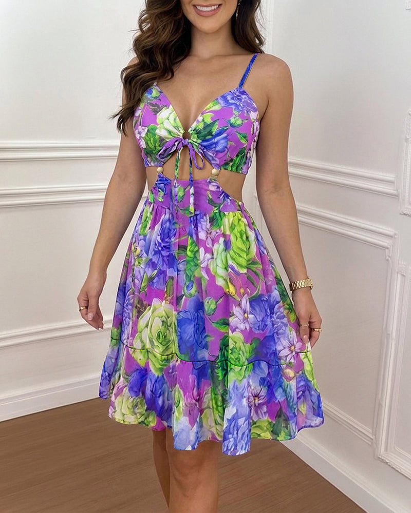 Women's Floral Print Sweetheart Neck Vacation Dress Sexy Cutout Backless A-Line Sundress Casual Tied Detail Cami Dress