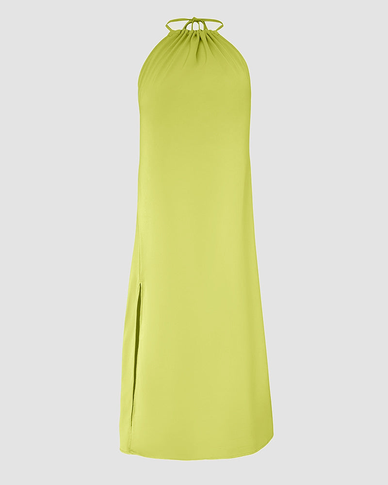 Halter Sleeveless Backless Maxi Dress Casual Shirred Back Side Slit Vacation Dress