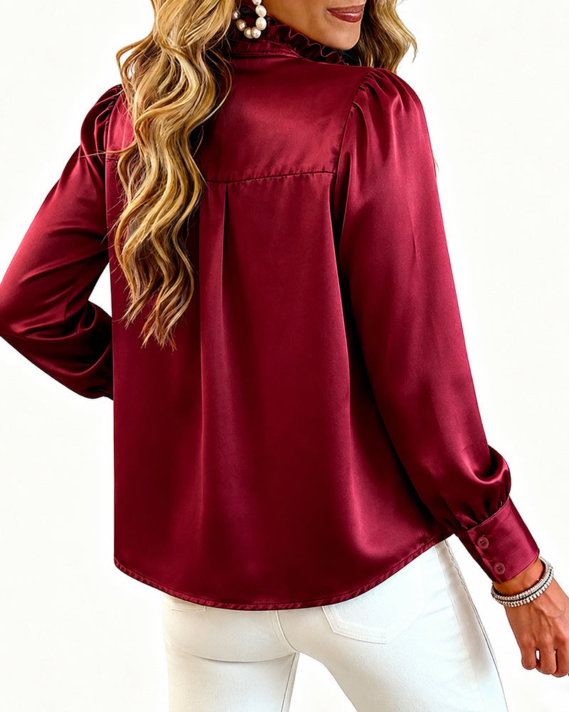 Women's Satin Frill Hem Blouse Long Sleeve Half Button Shirt Elegant Stand Collar Office Work Top