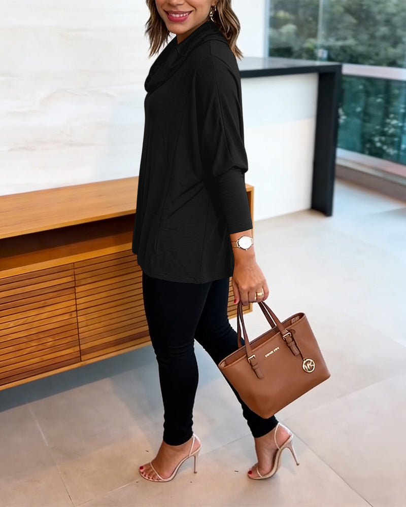 Women's Cowl Neck Batwing Sleeve Top Casual Long Sleeve Loose Pullover Comfortable Soft Drape Blouse