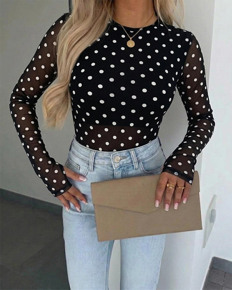 Women's Mesh Polka Dot Top Lined Sheer Long Sleeve Tee Crewneck Slim Fit Layering Under Base Top with Thumbholes