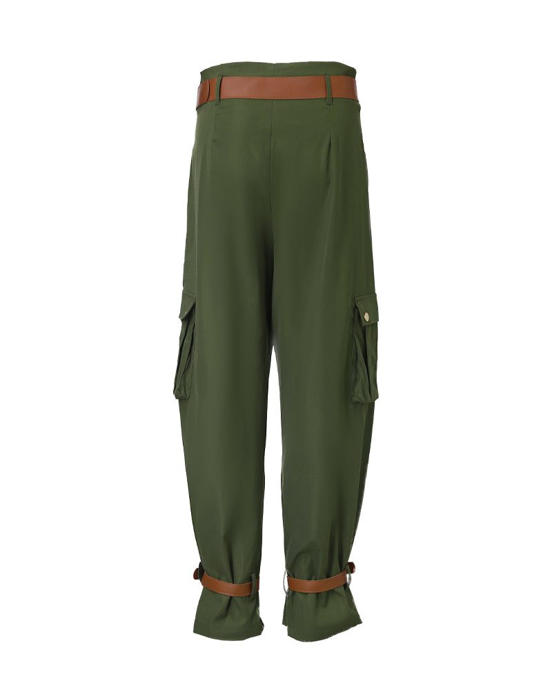 Women's Pockets Design Cargo Pants Casual High Waisted Trousers with Contrast Belt
