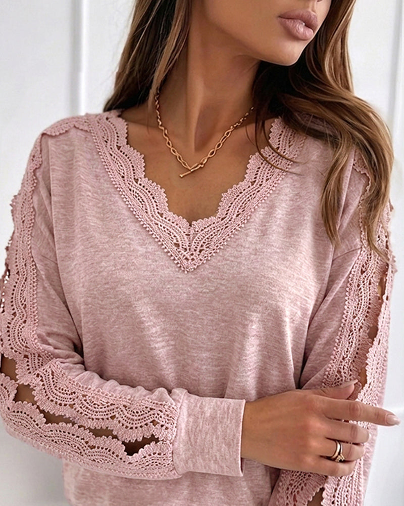 Women's Lace Patchwork V-Neck Top Hollow Out Drop Shoulder Long Sleeve Knit Pullover Elegant Loose Fit Casual Tee