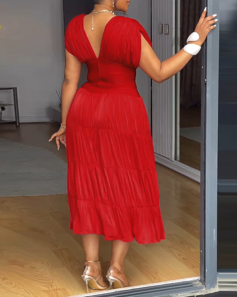 Textured V Neck Sleeveless Ruched Ruffles Hem Dress Casual Waist A Line Party Midi Dress