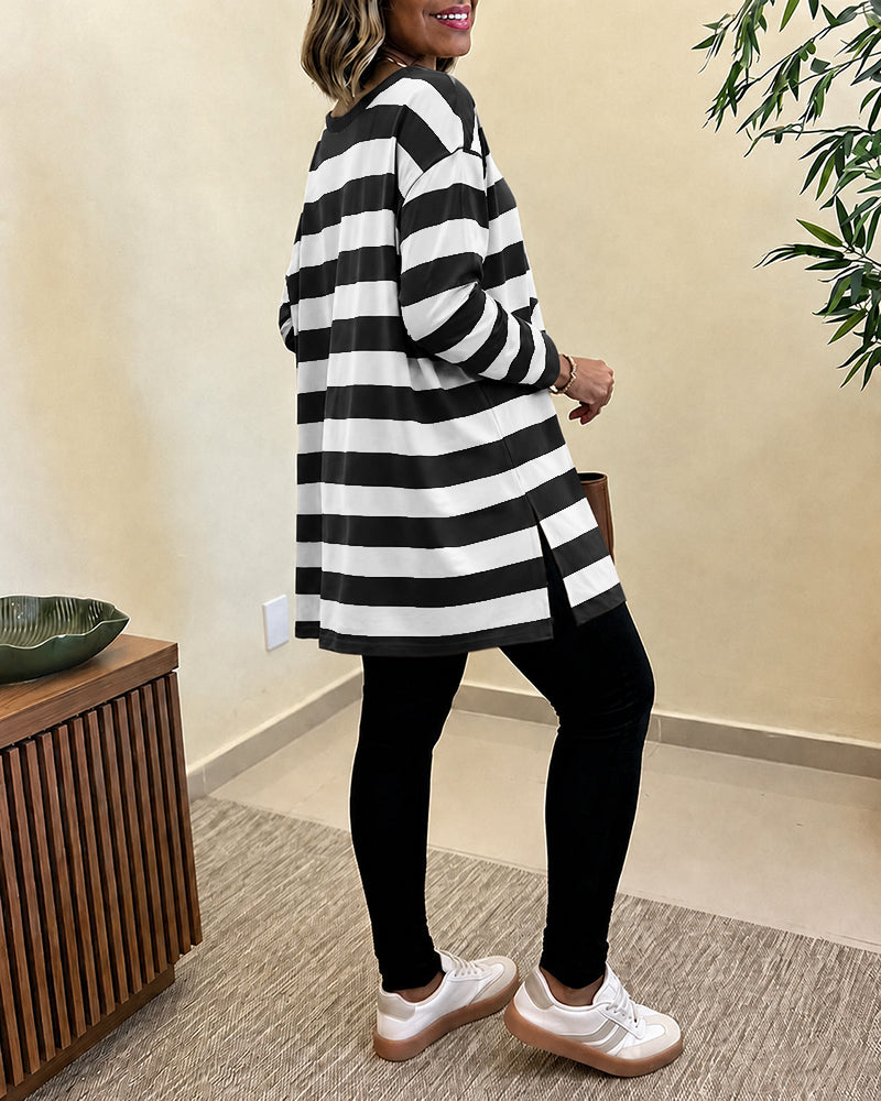 Women's Striped T Shirt Long Sleeve Drop Shoulder Crewneck Tee Side Slit Casual Loose Fit Top