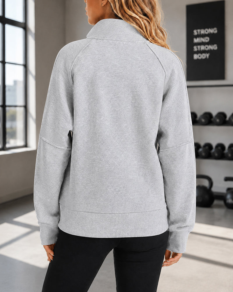 Women's Half Zip Sweatshirt Stand Collar Seam Pullover Casual Kangaroo Pocket Top with Thumbhole